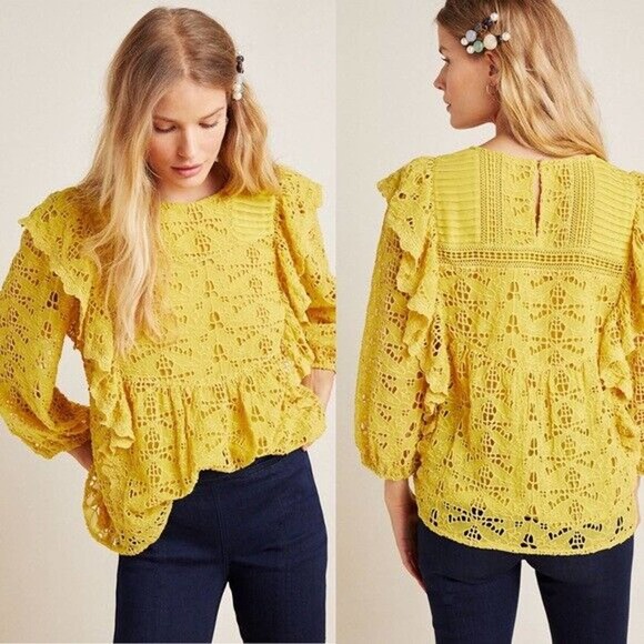 Anthropologie Tops - by Anthropologie Clementine Crochet Ruffle Sleeve Blouse Mustard Yellow 6 H14026